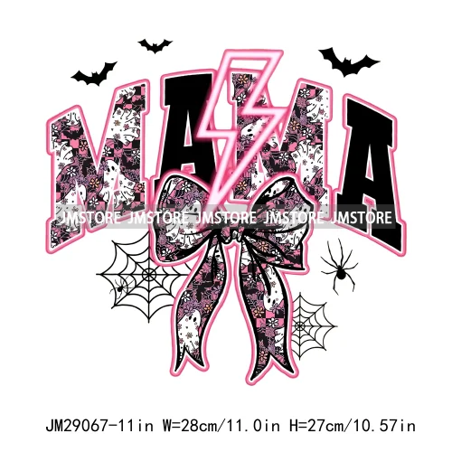 New Spooky Mama Neon Halloween Checkered Girly Coquette Bow Designs Iron On DTF Transfer Stickers Ready To Press For Hoodies