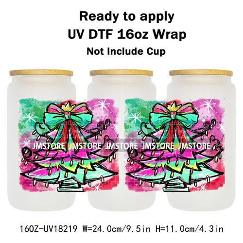 Preppy Brushstroke Christmas Santa Claus 16OZ UV DTF Cup Wraps Ready To Apply Waterproof Transfer Stickers For Libbey Glass Can