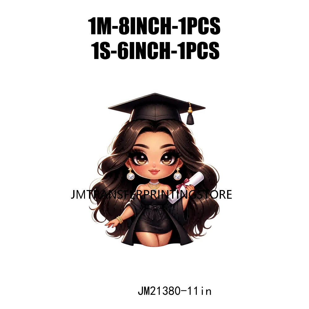 Cool Pretty Chibi Latina College Graduation Girls Educated Diploma Iron On DTF Transfer Stickers Ready To Press For T-shirts