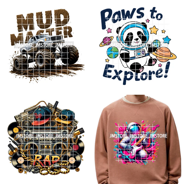 12in Colorful Rap Music Rock Vibes Mud Master Truck Space Trip Graffiti Iron on DTF Transfer Stickers Ready to Press for T-shirt