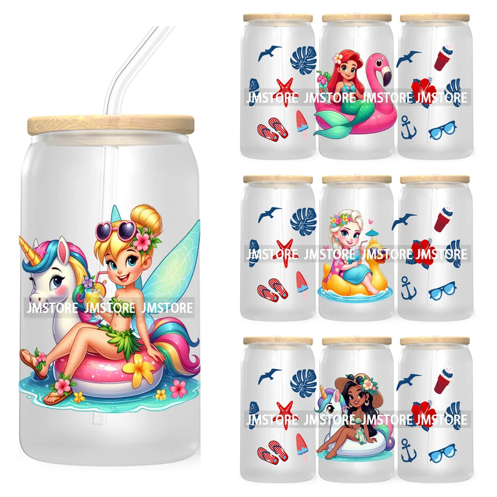 Cartoon Princess's Summer Vacation 16OZ UV DTF Cup Wrap Transfers Stickers For Libbey Glass Can Cups Tumbler Waterproof Craft