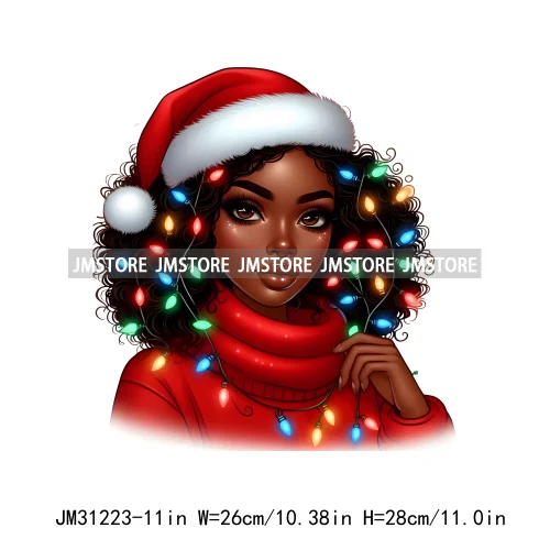 Merry And Bright Melanin Christmas Winter Festive Cheer Santa Woman Iron On DTF Transfer Stickers Ready To Press For Sweatshirts