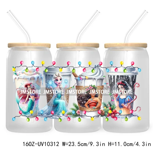 Princess Christmas Cartoon Friends 16OZ UV Cup Wrap DTF Transfer Stickers For Libbey Glass Can Cups Tumbler Magical Kingdom Vibe