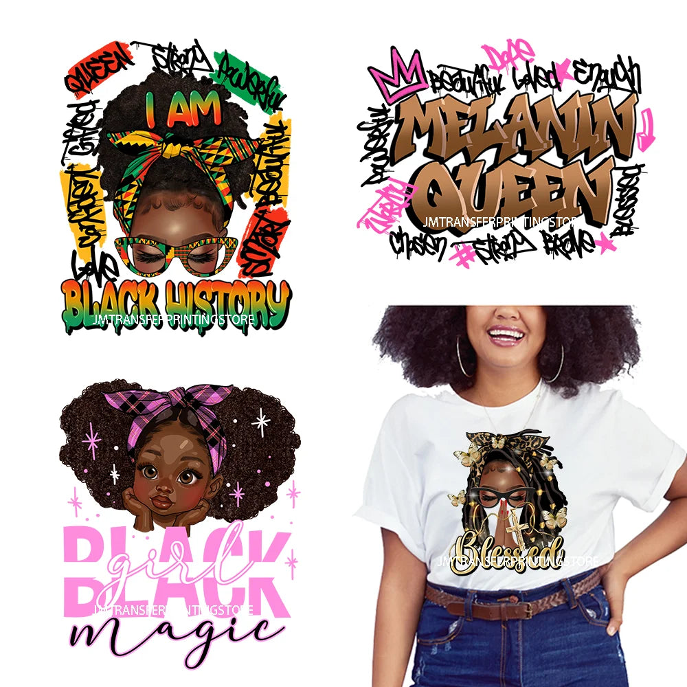 Black History Afro Queen Blessed Mom Unapologetically Dope Black Girl Magic DTF Washable Transfer Stickers For Clothes Bags