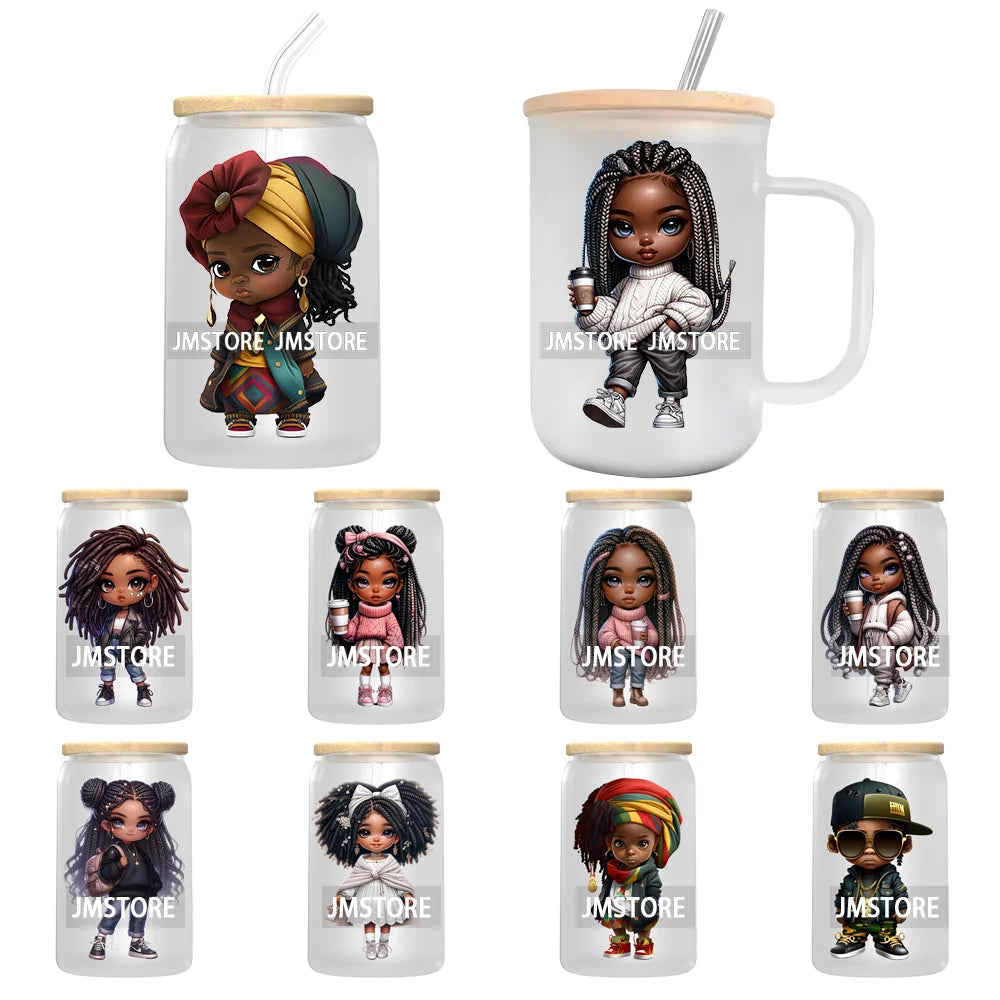 Cute Little Black Boy Girl UV DTF Transfer Stickers Decals For Libbey Cold Cups Mugs Tumbler Waterproof DIY Craft Cool Afro Kids