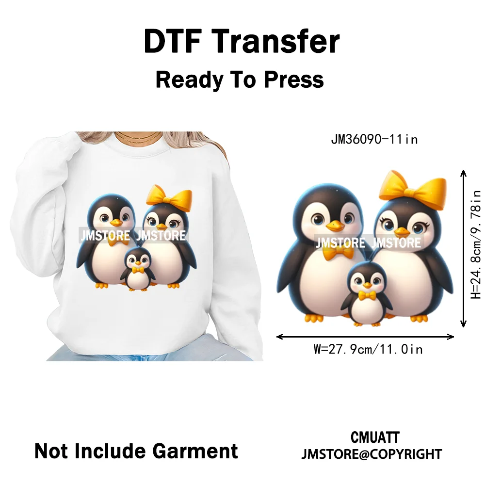 Cute Animal Penguins Coquette Hat Family Mom Father Baby Lovers Iron on DTF Heat Transfer Stickers Ready to Press for Hoodies