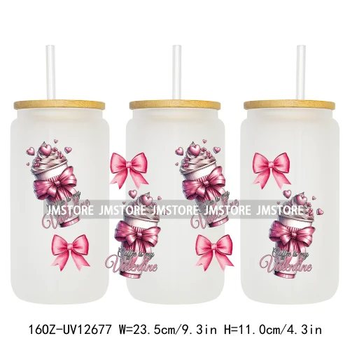 Iced Coffee Girly Pink Cherry Coquette Bow UV DTF Sticker For 16OZ Libbey Glass Cup Can Wrap Transfer Stickers Custom Labels