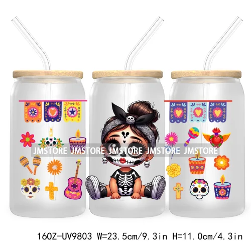 Day Of The Dead 16OZ UV DTF Cup Wrap Transfer Stickers Hispanic Chibi Baby Girl Custom Labels Waterproof For Libbey Glass Can