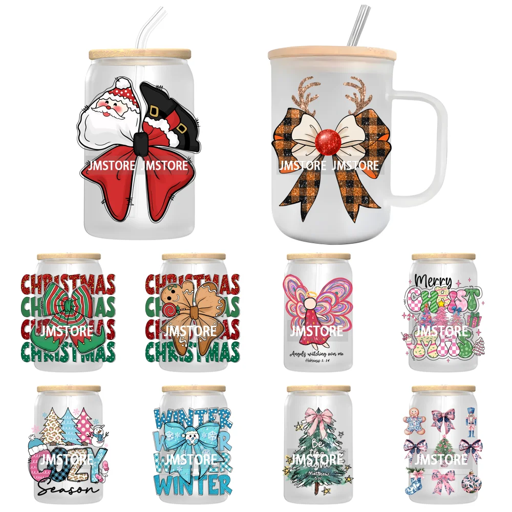 Coquette Bow Merry Christmas Trees UV Sticker Decals For Libbey Cold Cups Mugs Tumbler Transfer Stickers Waterproof Cozy Season