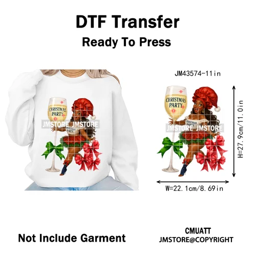 Wine Christmas Black Girls Santa Cheer Winter Holiday Party Iron on Washable DTF Transfers Stickers Ready to Press for Textiles