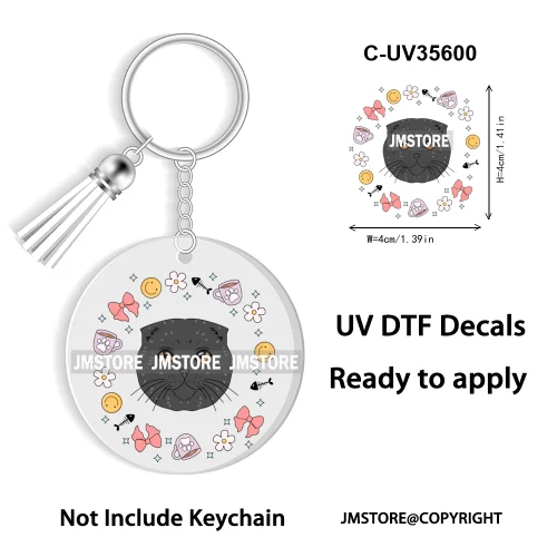 Floral Cat Lover The Best Mama Ever UV DTF Decal Round Keychain Ready To Apply WaterProof Transfer Stickers For Circle Keychain