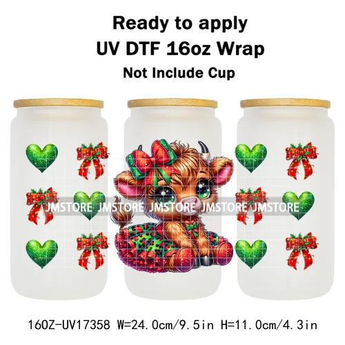 Watercolor Christmas Highland Cows Gift Leopard Print 16OZ UV DTF Cup Wraps Ready To Apply Transfer Sticker For Libbey Glass Can