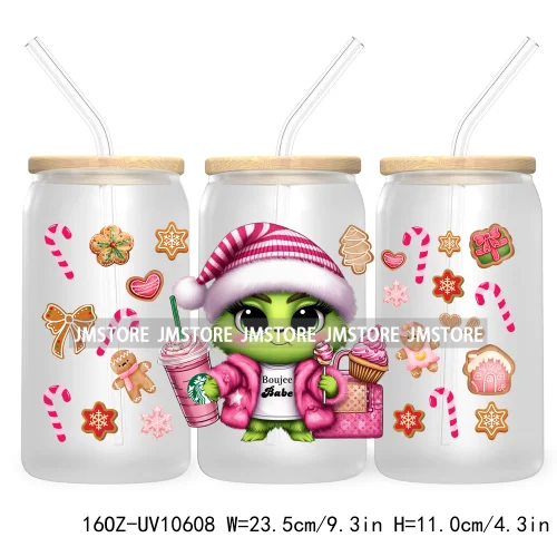 Cute Baby Green Character Christmas Season 16OZ UV Cup Wrap DTF Transfer Stickers For Libbey Glass Can Cups Tumbler Coquette Bow