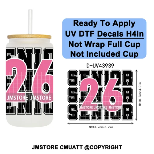 Girly University Graduation 2026 UV DTF Decals Ready To Apply Waterproof Transfer Stickers DIY Crafts For 16OZ Libbey Glass Can