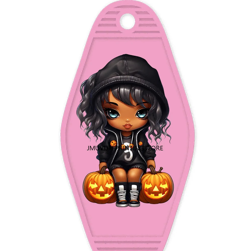 Halloween Pumpkin Cute Afro Girls High Quality WaterProof UV DTF Sticker For Motel Hotel Keychain Festival Gifts