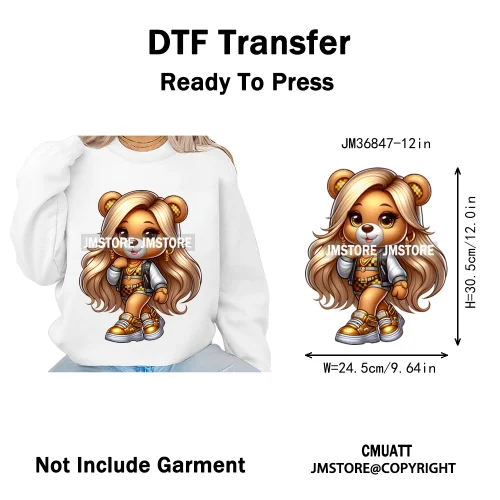 12in Girls Female Teddy Bear Duck Urban Sneakers Animal Washable Iron on DTF Transfers Stickers Ready to Press for T-shirts Bags