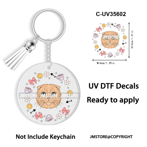 Floral Cat Lover The Best Mama Ever UV DTF Decal Round Keychain Ready To Apply WaterProof Transfer Stickers For Circle Keychain