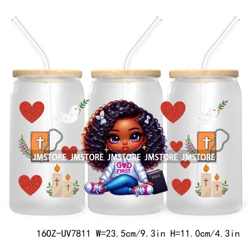 Cute Black Afro Girls 16OZ UV DTF Cup Wrap Transfer Stickers For Libbey Glass Can Cups Tumbler Waterproof Labels Christian Cross