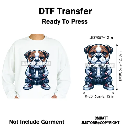 12in Streetwear Vibes Rich Cool Cartoon Bulldog King Designs Washable Iron on DTF Transfers Stickers Ready to Press for Clothes