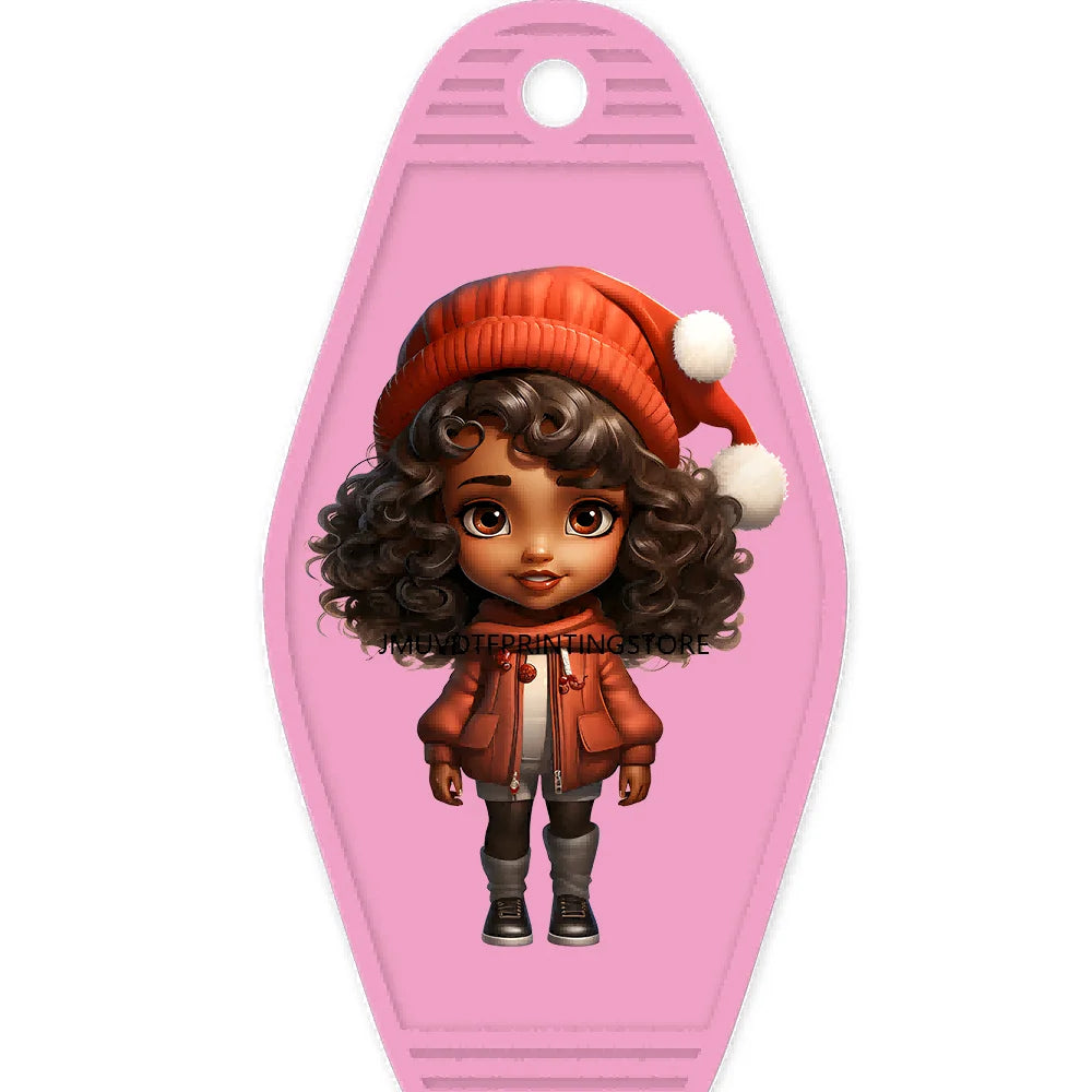 Merry Christmas Little Girls With Santa Hat High Quality WaterProof UV DTF Sticker For Motel Hotel Keychain