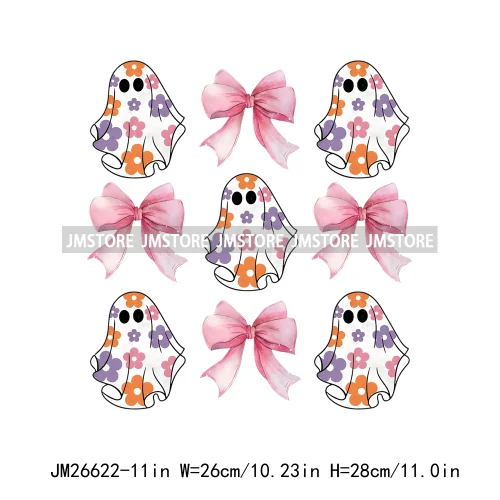 Colorful Halloween Spooky Season Cute Ghost Pumpkin Girly Coquette Bow DTF Iron On Transfers Stickers Ready To Press For T-shirt