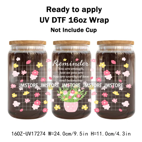 Coquette Floral Self Love Affirmations UV DTF Stickers Ready To Transfer Cup Wrap Custom Labels DIY Craft For Libbey Can Glass