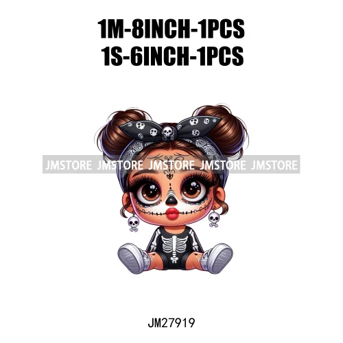 Halloween Skeleton Latina Baby Chibi Hispanic Girls Spooky Season DTF Iron On Transfers Stickers Ready To Press For Clothing