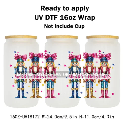 Faux Glitter Preppy Nutcracker Christmas UV DTF Cup Wrap Ready To Apply Transfer Sticker 16OZ Tumbler Wraps For Libbey Glass Can