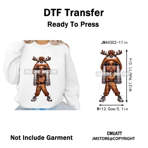 Sassy Black Girl Santa Christmas Bright Gingerbread Iron on Washable DTF Heat Transfers Stickers Ready to Press for Sweatshirts