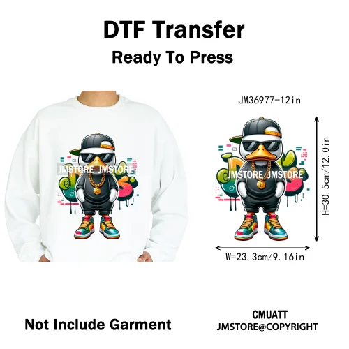 12in Cool Urban Trap Style King Animal Rich Ducks With Gold Chain Iron on DTF Heat Transfer Sticker Ready to Press for Clothing