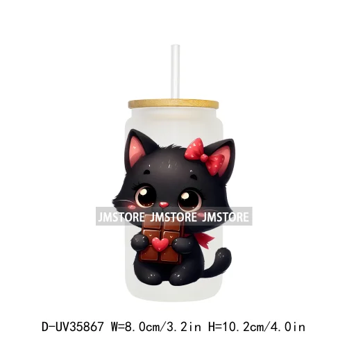 Valentine's Day Black Cat Couple UV DTF Transfer Stickers Decals Ready To Apply Waterproof For 16OZ Libbey Glass Can Cup Tumbler