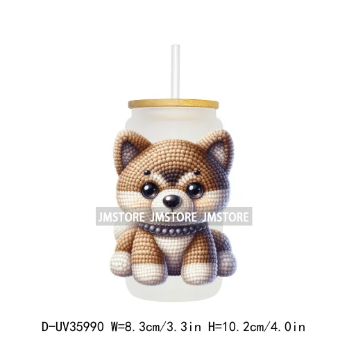 Watercolor Knitted Cute Animals UV DTF Transfer Stickers Decals Ready To Apply Waterproof For 16OZ Libbey Glass Can Cups Tumbler