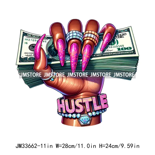 Hustler Hands Fingernails Manicure Money Stack Rich Boss Black Woman Iron On DTF Transfers Stickers Ready To Press For Clothes