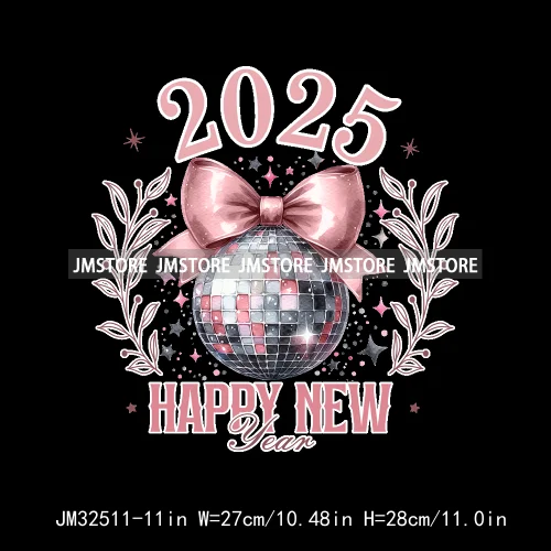 Pink Cheer New Year Eve 2025 Disco Ball Coquette Bow Christmas Party Iron On DTF Transfer ticker Ready To Press For Sweatshirt