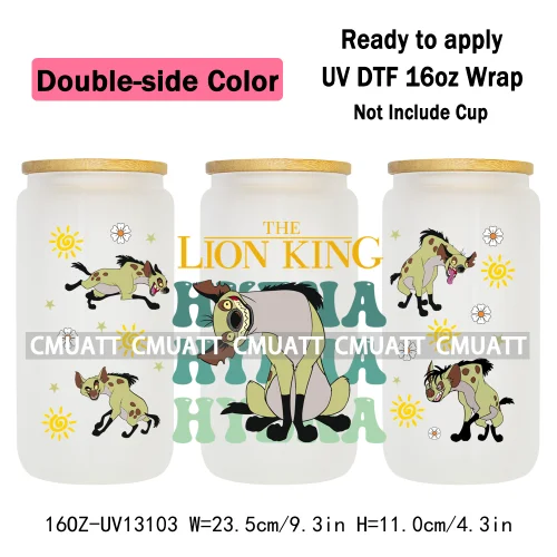 Double Side Color Cartoon Lion UV DTF Cup Wrap Transfer Stickers For 16oz Libbey Glass Beer Selfadhesive Waterproof Adhesive