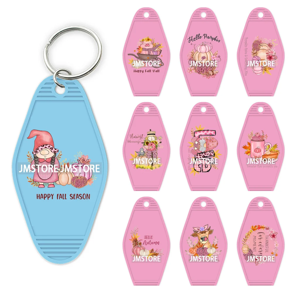 Hello Pumpkin Fall Thanksgiving Gnome UV DTF Motel Keychain Wraps Ready To Apply Waterproof High Quality Hotel Keychain Decals