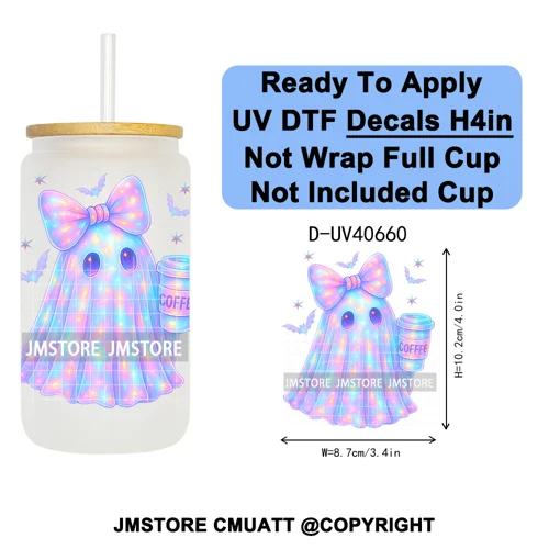 Iridescent Ghost Pumpkin Coquette Halloween UV DTF Transfer Stickers Decals Ready To Apply Waterproof For 16OZ Libbey Glass Can