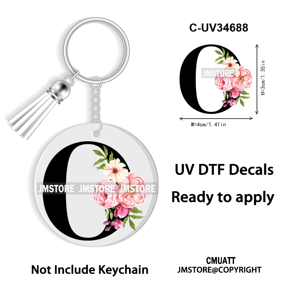 Floral Whole Entire Alphabet Flowers Black Letters Monogram WaterProof UV DTF Stickers For Round Circle Acrylic Keychain Keyring