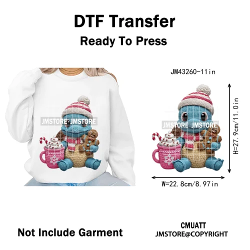 Hot Cocoa Coffee Lover Cartoon Faux Yarn Christmas Xmas Iron on Washable DTF Transfers Stickers Ready to Press for Sweatshirts