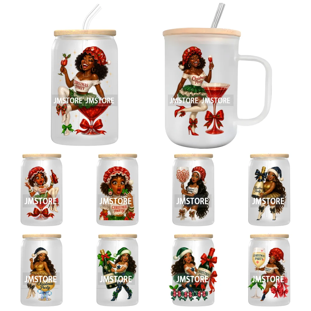 Fashion Black Girl Christmas Party UV DTF Cup Decals Ready To Apply Transfer Stickers Durable Custom Prints For Libbey Glass Can