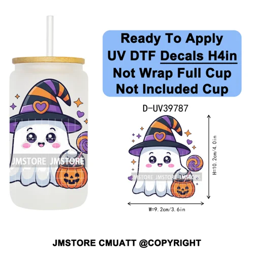 Cute Halloween Witch Ghost Sweet Boo UV DTF Decals Ready To Apply Waterproof Transfer Stickers Prints For 16OZ Libbey Glass Can