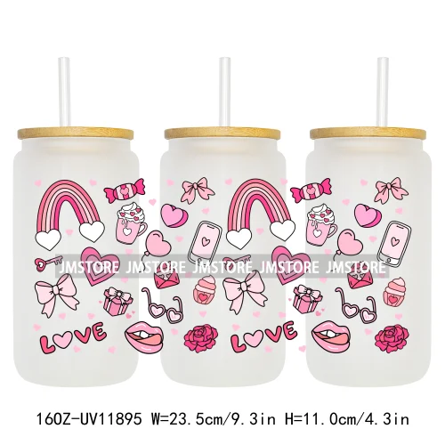 Coquette Bow Pencil 16OZ UV Cup Wrap DTF Transfer Stickers For Libbey Glass Can Cups Tumbler Cherry Heart Love Valentines Day