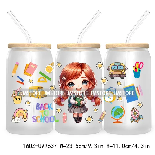 Back To School Cartoon Princess 16OZ UV Cup Wrap DTF Transfer Sticker For Libbey Glass Can Cups Tumbler Waterproof Label Teacher