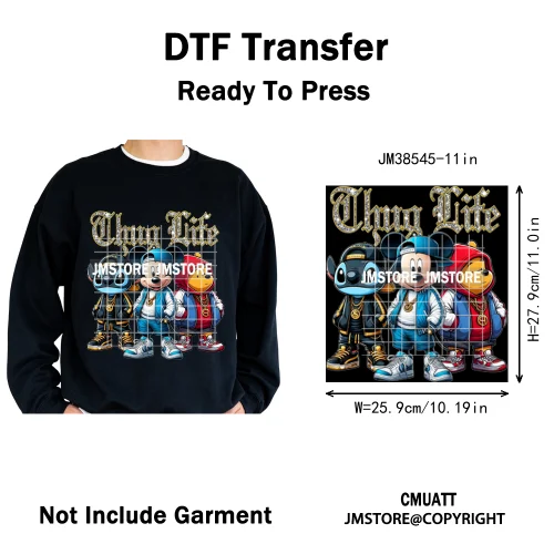 Cool Hip Hop Cartoon Animal Characters Streetwear Thug Life Iron on DTF Washable Transfers Stickers Ready to Press for Clothes