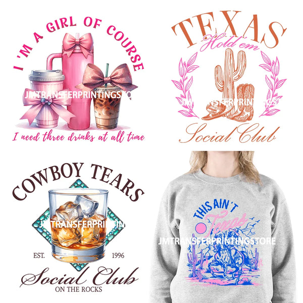 Coquette Cowboy Tears Cocktail Turquoise Decals Dirty Martini Social Club Texas Western Summer DTF Transfer Stickers For Shirt