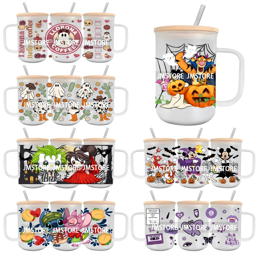 Horror Halloween Cartoon Scary Movie UV DTF Glass Can Wrap For 15OZ Mug Coffee Cup Transfer Sticker DIY Custom Logo Labels Skull