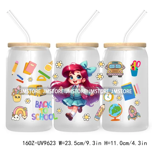 Back To School Cartoon Princess 16OZ UV Cup Wrap DTF Transfer Sticker For Libbey Glass Can Cups Tumbler Waterproof Label Teacher