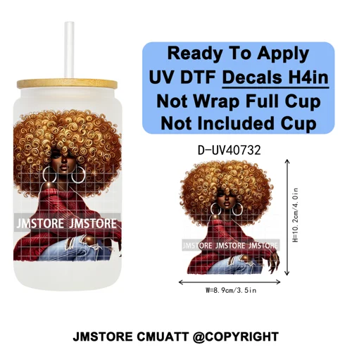 Big Hair Fashionable Black Girl UV DTF Decals Ready To Apply Waterproof Transfer Stickers DIY Crafts For 16OZ Libbey Glass Can