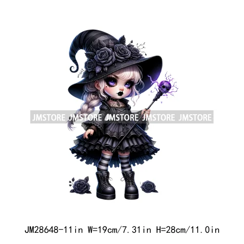 Gothic Girl Gnomes Halloween Witch Dolls Black Flowers Horror Vibes Iron On DTF Transfers Stickers Ready To Press For Clothing