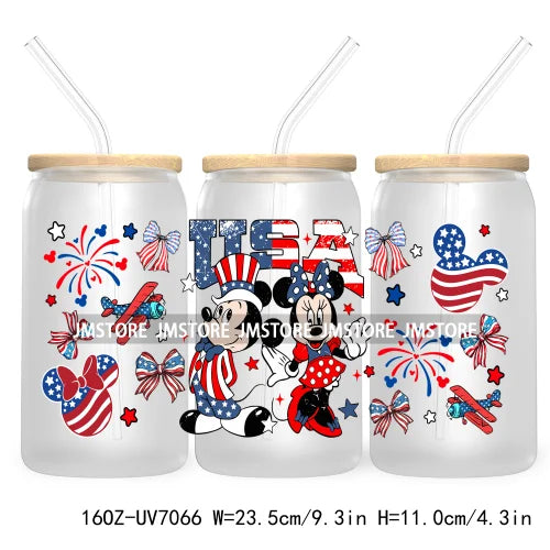 Happy 4TH Of July Cartoon Bear Friends 16OZ UV DTF Cup Wrap Transfer Stickers For Libbey Glass Can Cups Tumbler Waterproof Craft